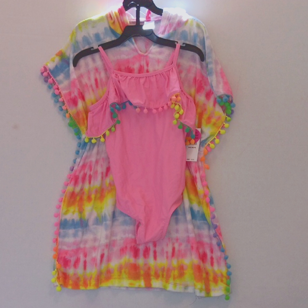 COLORFUL TIE-DYE COVER-UP & PINK SWIMSUIT SET